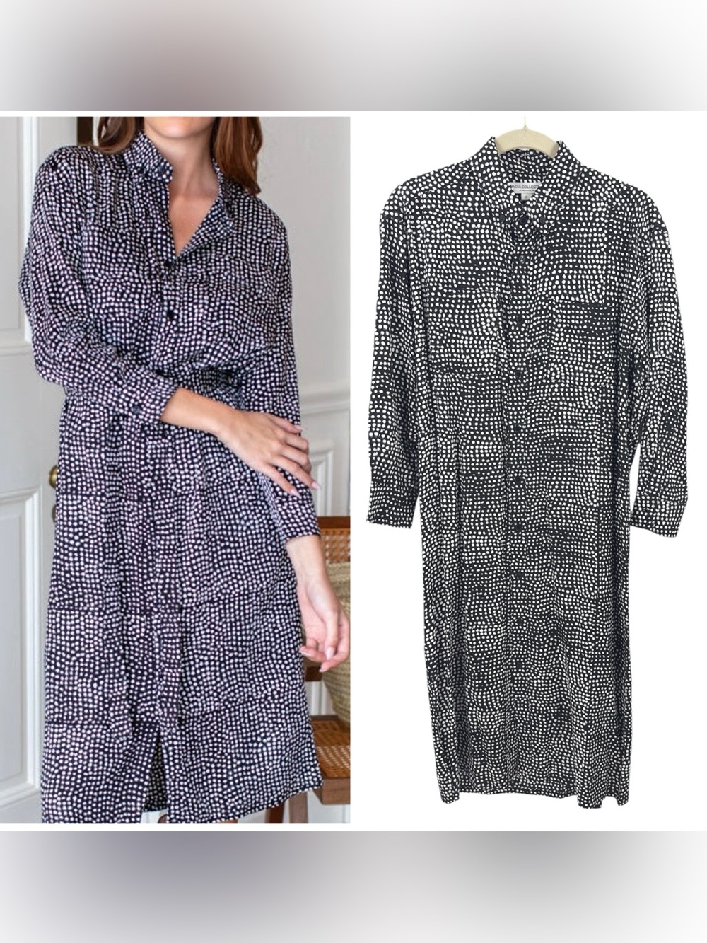 India Collection Emerson Fry Ry Midi Shirtdress Size Small Black Painterly Dots